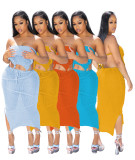 Solid Wrap Chest Tie Up Backless Top Knits Two Piece Skirts Set QXTF-8170