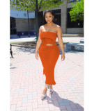 Solid Wrap Chest Tie Up Backless Top Knits Two Piece Skirts Set QXTF-8170