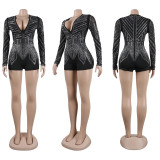 Plus Size Hot Drill See Through Deep V Neck Romper NY-9098