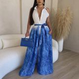 Plus Size Fashion Print Tie Up Loose Jumpsuit NY-10490