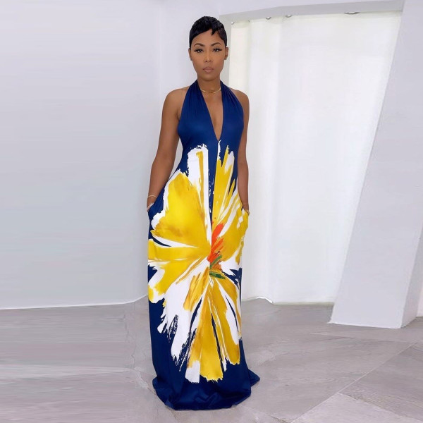 Plus Size Print V Neck Halter Maxi Dress NY-10501