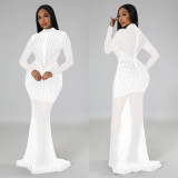 Hot Drill Long Sleeve Mesh Maxi Dress BY-6369