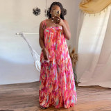 Plus Size Print Wide Leg Suspender Jumpsuit NY-10478