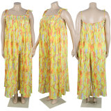 Plus Size Print Wide Leg Suspender Jumpsuit NY-10478