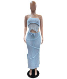 Solid Wrap Chest Tie Up Backless Top Knits Two Piece Skirts Set QXTF-8170