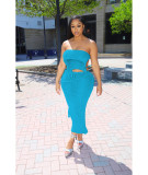 Solid Wrap Chest Tie Up Backless Top Knits Two Piece Skirts Set QXTF-8170
