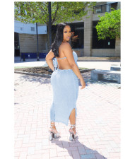 Solid Wrap Chest Tie Up Backless Top Knits Two Piece Skirts Set QXTF-8170