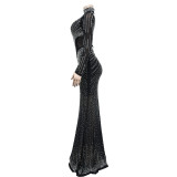Hot Drill Long Sleeve Mesh Maxi Dress BY-6369
