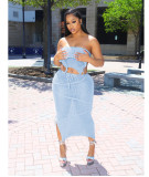 Solid Wrap Chest Tie Up Backless Top Knits Two Piece Skirts Set QXTF-8170