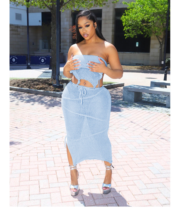 Solid Wrap Chest Tie Up Backless Top Knits Two Piece Skirts Set QXTF-8170