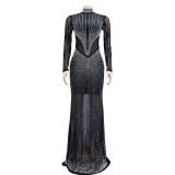 Hot Drill Long Sleeve Mesh Maxi Dress BY-6369