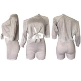 Solid Color Tie Up Crop Tops And Shorts Two Piece Set XMY-9427
