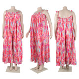 Plus Size Print Wide Leg Suspender Jumpsuit NY-10478