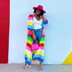 Plus Size Rainbow Color Long Cardigan Coat NY-10505