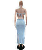 Solid Wrap Chest Tie Up Backless Top Knits Two Piece Skirts Set QXTF-8170