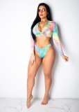 Tie Dye Print Long Sleeve Two Piece Swimsuit TE-4629