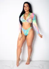 Tie Dye Print Long Sleeve Two Piece Swimsuit TE-4629