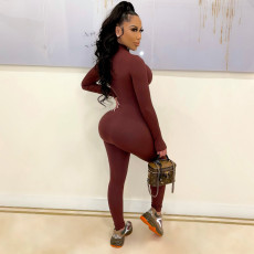Solid Color Zipper Long Sleeve Tight Jumpsuit CHY-1353