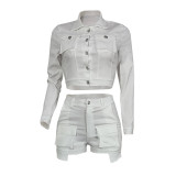 Solid Color Long Sleeve Casual Two Piece Shorts Set YIY-5363