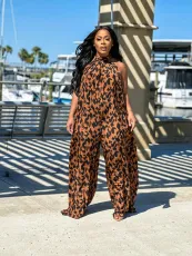 Plus Size Leopard Print Halter Backless Loose Jumpsuit OM-1630