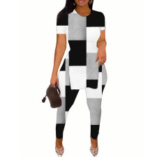 Casual Print Slit Tops And Pants Two Piece Set SHD-9614