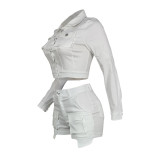 Solid Color Long Sleeve Casual Two Piece Shorts Set YIY-5363