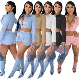 Solid Color Long Sleeve Casual Two Piece Shorts Set YIY-5363