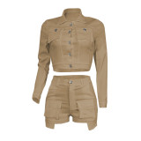 Solid Color Long Sleeve Casual Two Piece Shorts Set YIY-5363
