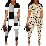 Casual Print Slit Tops And Pants Two Piece Set SHD-9614