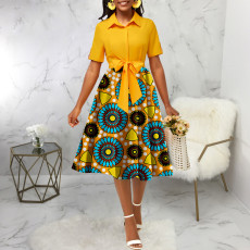 Fashion Lapel Neck Print Midi Dress SMR-12017