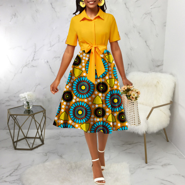 Fashion Lapel Neck Print Midi Dress SMR-12017