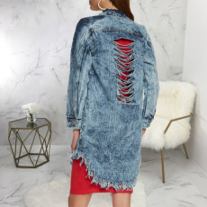 Fashion Holes Denim Long Coat HSF-2718