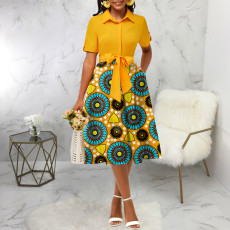 Fashion Lapel Neck Print Midi Dress SMR-12017