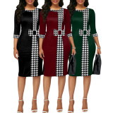 Houndstooth Print Patchwork Solid Midi Dress SMR-11923