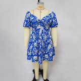 Plus Size Print V Neck Midi Dress NNWF-7879