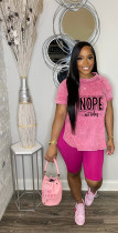 Letter Print Short Sleeve Casual Sport Two Piece Set WAF-77590319