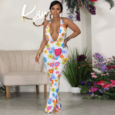 Sexy Deep V Neck Print Backless Jumpsuit SH-390585