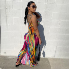 Wrap Chest Stripe Print Slit Maxi Dress  SH-390584
