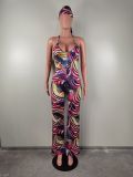 Sleeveless Sling Painted Print Backless jumpsuit(With Headscarf) LSL-6516