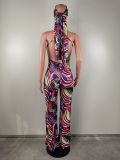 Sleeveless Sling Painted Print Backless jumpsuit(With Headscarf) LSL-6516