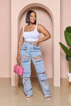 Casual Loose High Waist Holes Jeans LX-5536