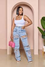 Casual Loose High Waist Holes Jeans LX-5536