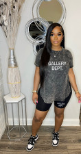 Plus Size Casual Letter Print Short Sleeve 2 Piece Shorts Set WAF-77590239