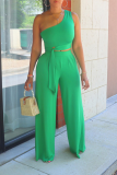 Plus Size Solid One Shoulder Top Wide Leg Pants 2 Piece Set MK-3162