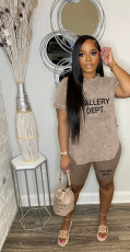 Plus Size Casual Letter Print Short Sleeve 2 Piece Shorts Set WAF-77590239