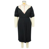 Plus Size Solid Lantern Sleeve Pleated Midi Dress NNWF-7873