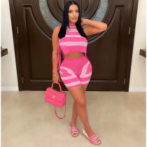 Print Sleeveless Bandage Tops And Shorts Two Piece Set MDF-5376