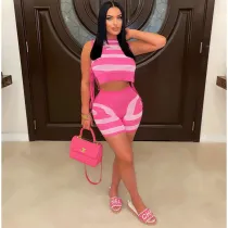 Print Sleeveless Bandage Tops And Shorts Two Piece Set MDF-5376