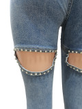 Casual Holes Beading Slim Jeans CM-8687