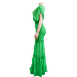 Solid Pleated Deep V Neck Maxi Dress BY-6363